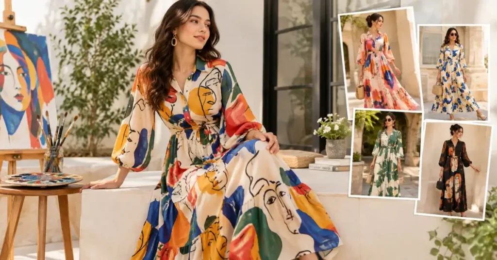 Why Are Arty Dresses Popular? Stylish woman wearing a colorful artistic printed dress in a creative fashion setting.