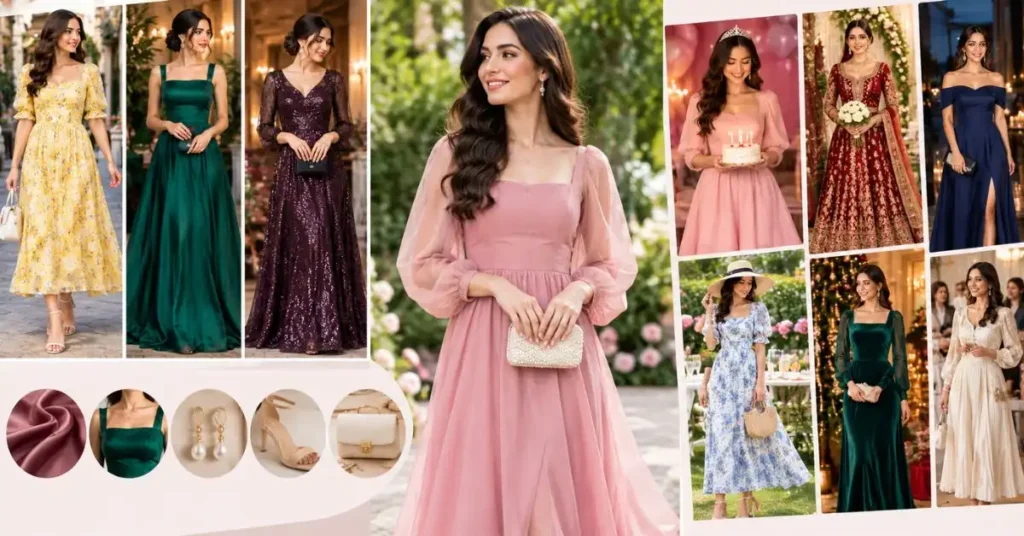 Elegant women wearing stylish celebration dresses in different colors and styles, showcasing confidence, versatility, accessories, and occasion-ready fashion.