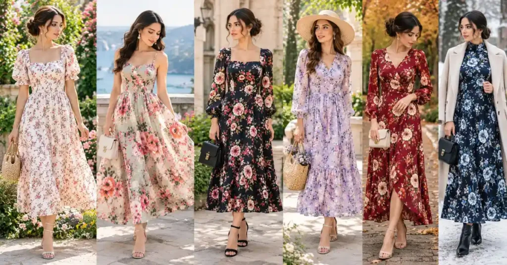 Elegant floral dresses for women in various colors, prints, and seasonal styles, showcasing feminine fashion looks for spring, summer, autumn, and winter.