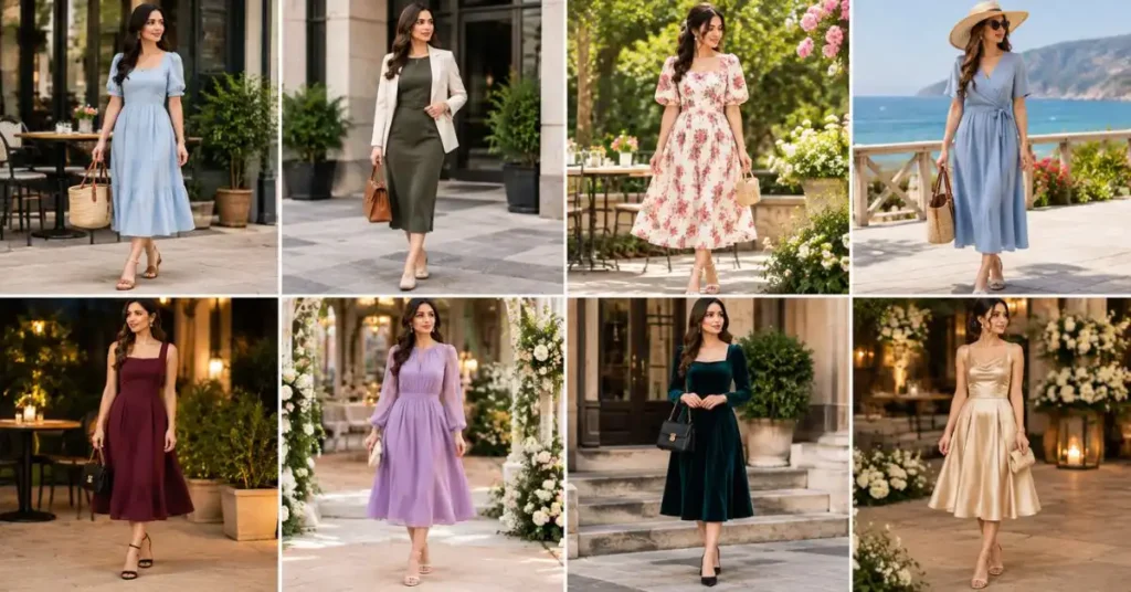 Women wearing medium length dresses styled for everyday outings, work, brunch, vacation, dinner, weddings, and elegant occasions.