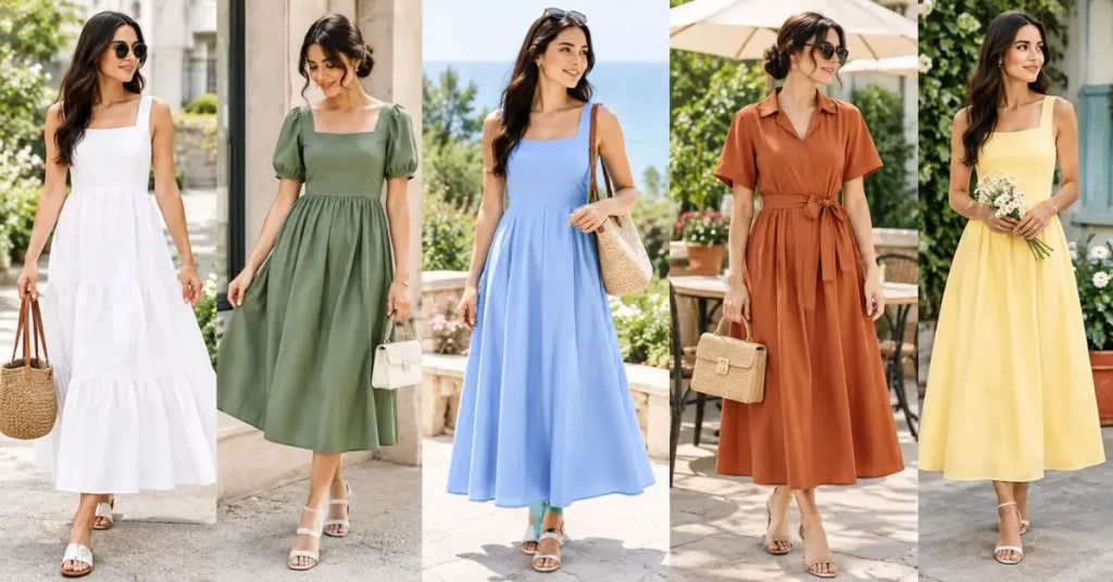 Plain summer dresses in lightweight fabrics and soft colors, styled for comfortable and elegant warm-weather outfits.